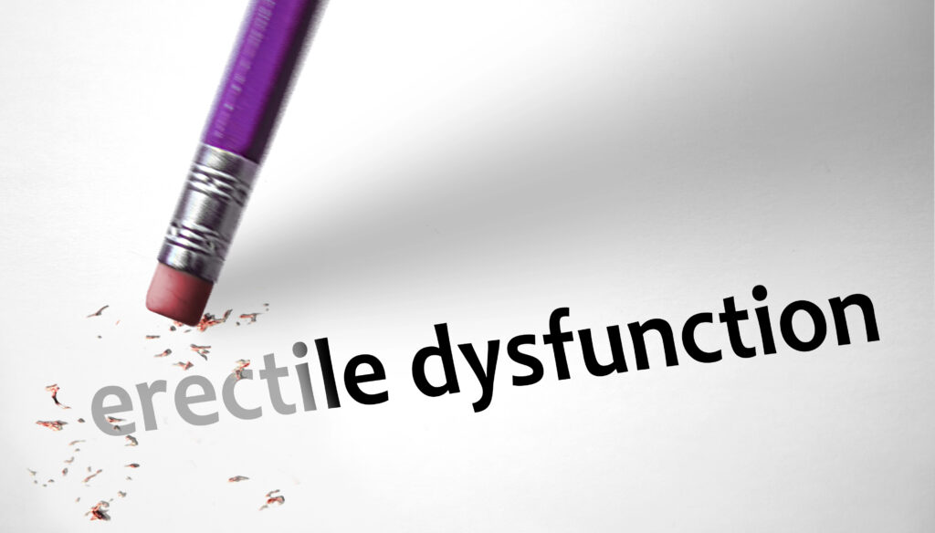 a picture of the word 'erectile dysfunction' being erased by a pencil eraser